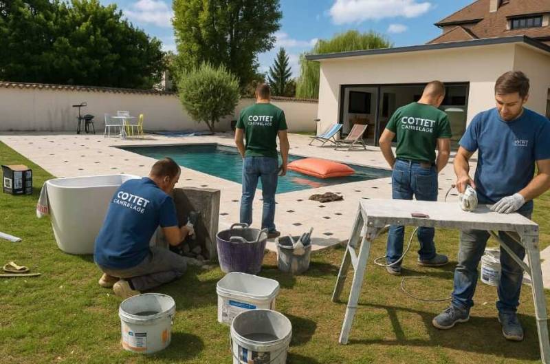 Pose de carrelage et dalle sur terrasse à Jonage, carrelage travertin 60x90 et pose de carrelage de bali intérieur de piscine 60x120